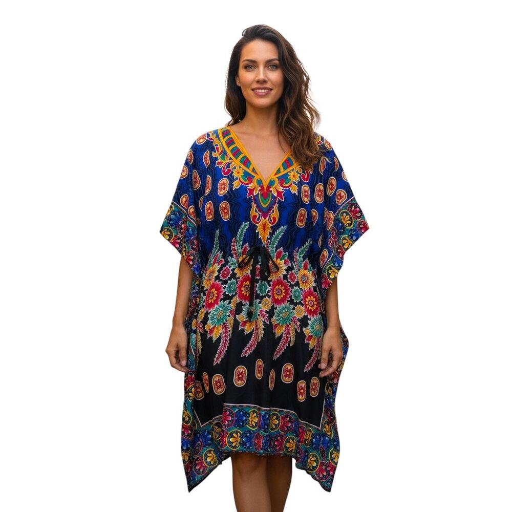 Atrevida Floral Kaftan Top One Size OS EUC Blue Tunic Poncho Swim Cover Up Boho